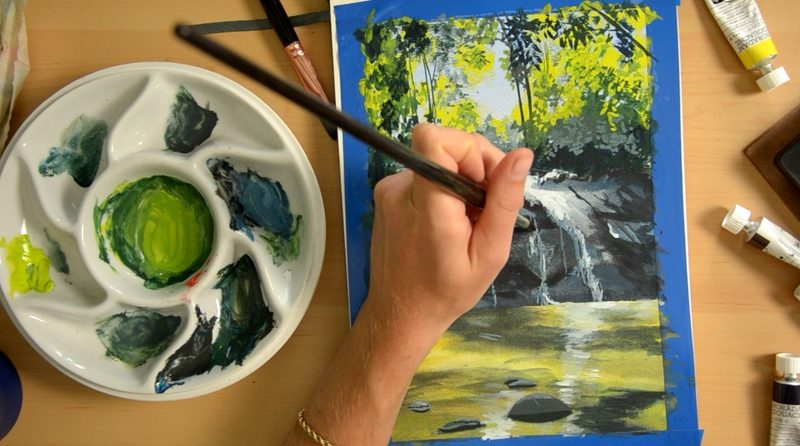 peindre une cascade à la gouache